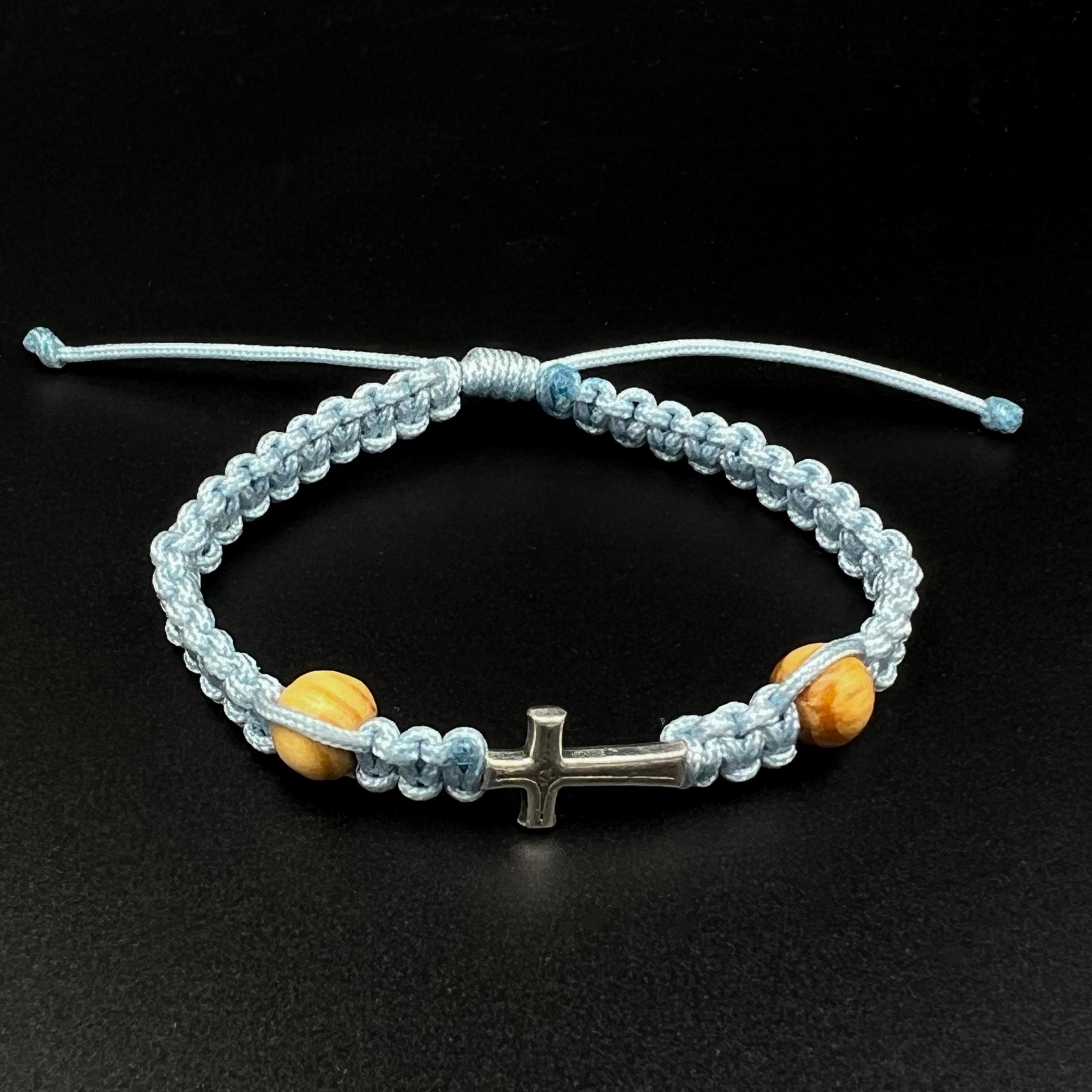 Simple Cross Bracelet Blue Catholic Jewelry Wooden Prayer Beads Minimalist Adjustable