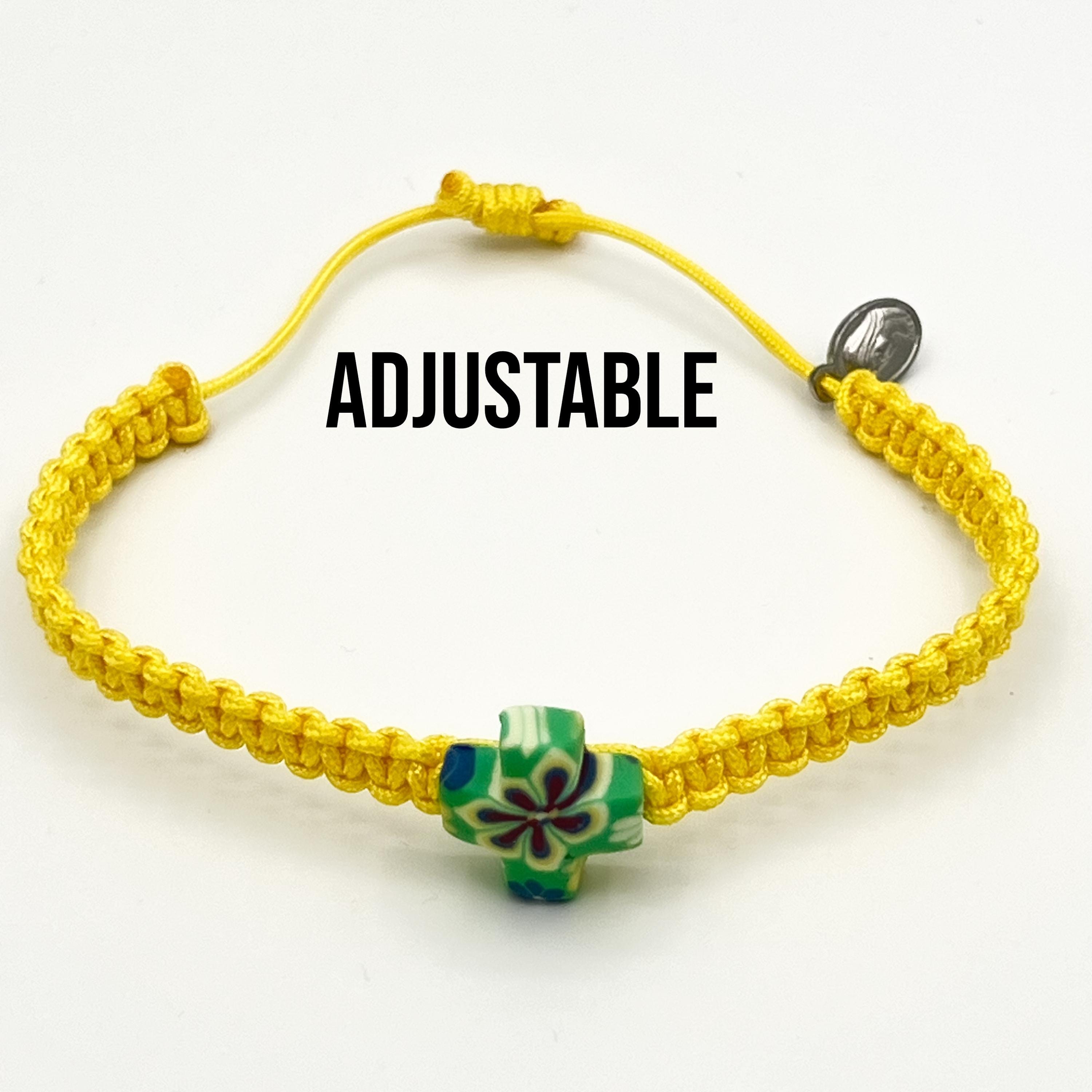 Yellow Catholic Bracelet With Floral Cross Charm Pendant Virgin Mary Divine Mercy Religious Medal Catholic Gift For Men Women Boys Girls